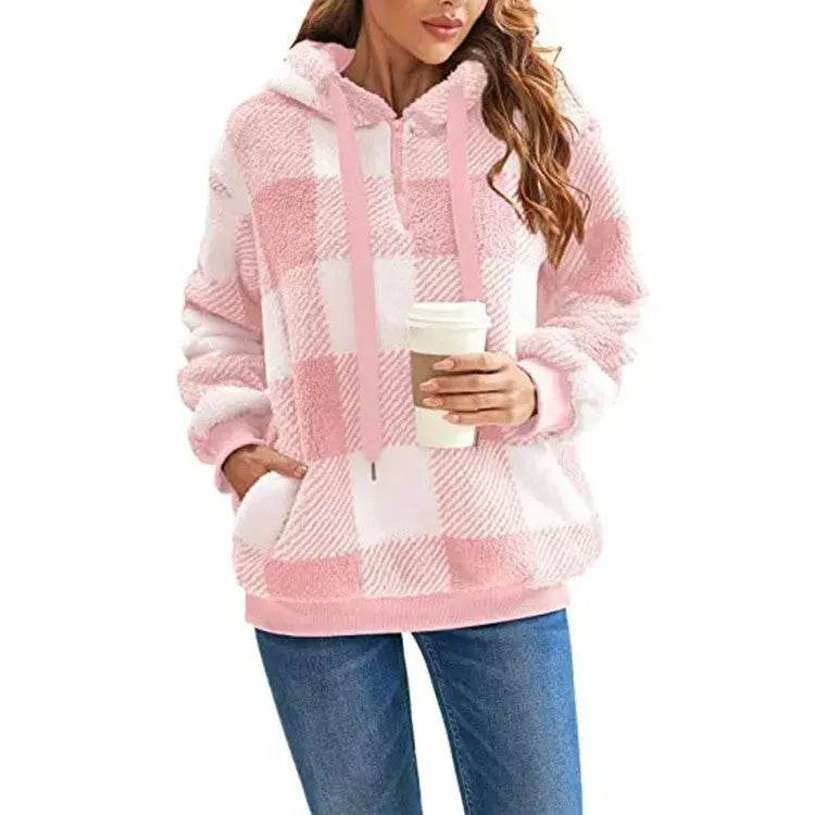 Casual Thick Fleece Plush half zip Plaid Hoodie Pullover top for women - EX-STOCK Canada