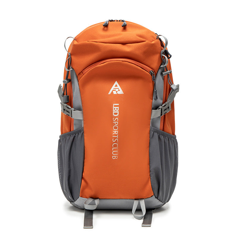 Orange and gray backpack with 'LBS Sports Club' branding on a white background