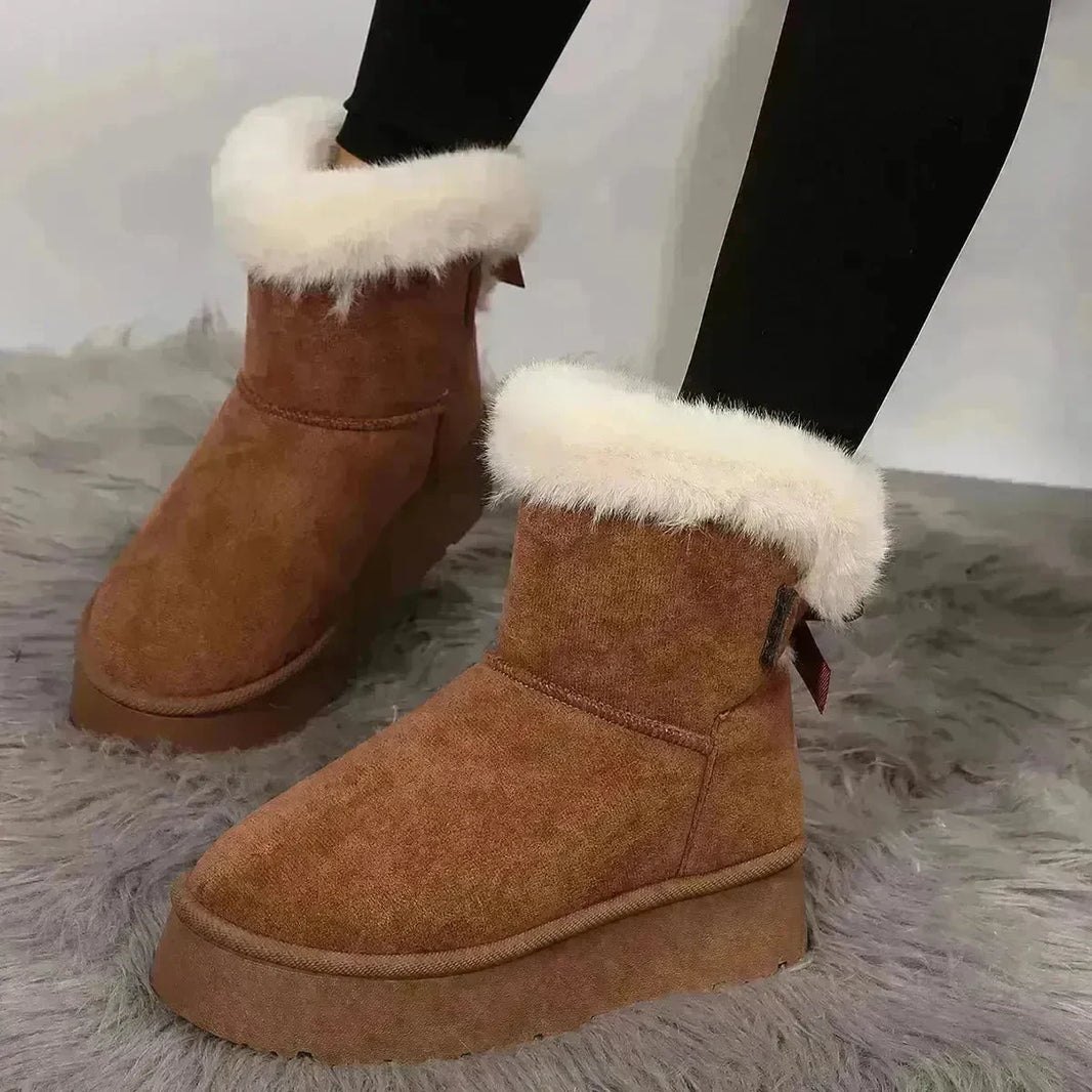 New Bow-knot Snow Boots Winter Plus Velvet Warm Thick-soled Ankle Boots For Women Simple Daily Leisure Cotton Shoes - EX-STOCK CANADA