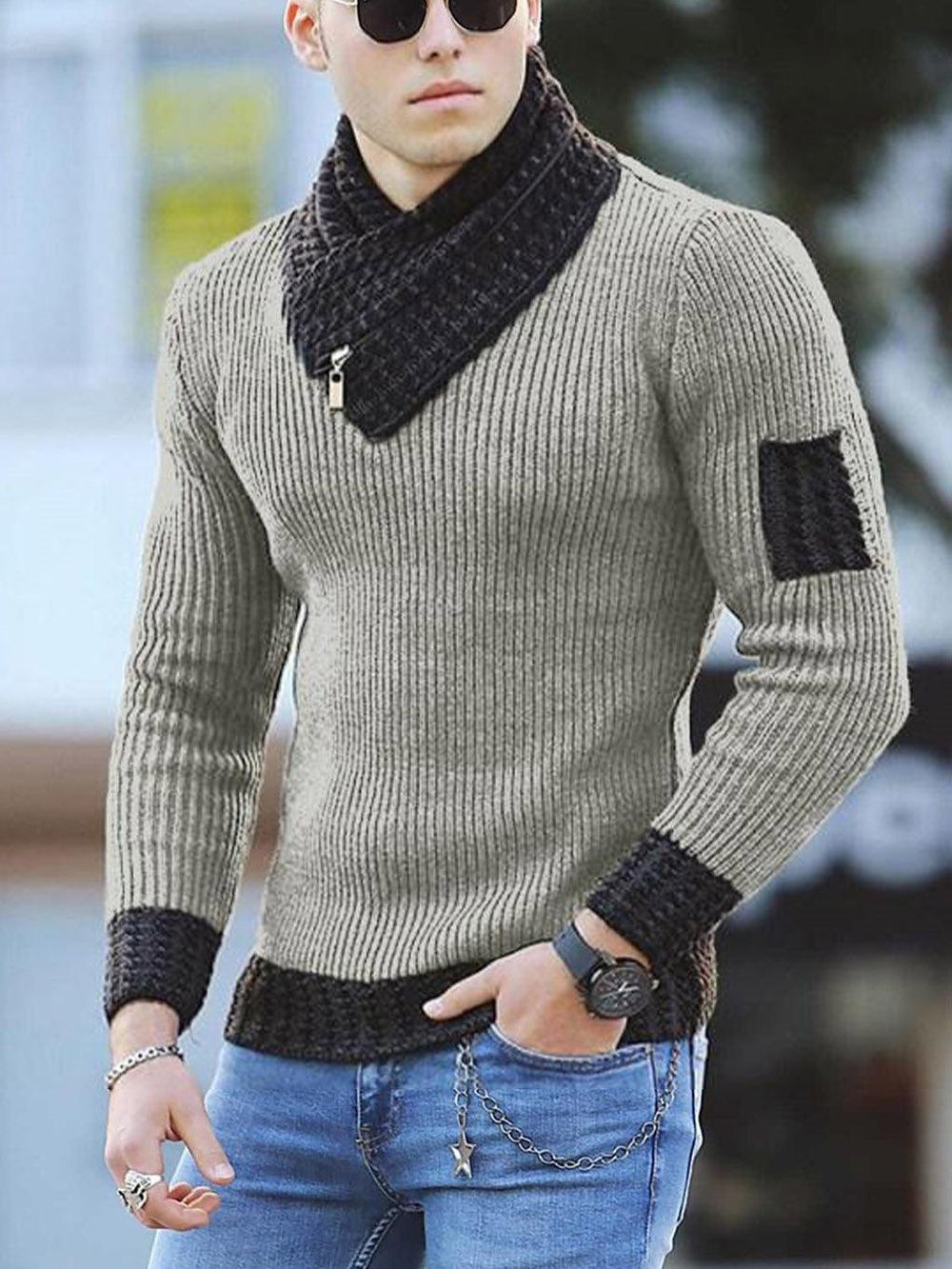 Independent Station Casual Slim Knit Pullover Long-sleeved Scarf Collar Sweater Men's EX-STOCK Canada