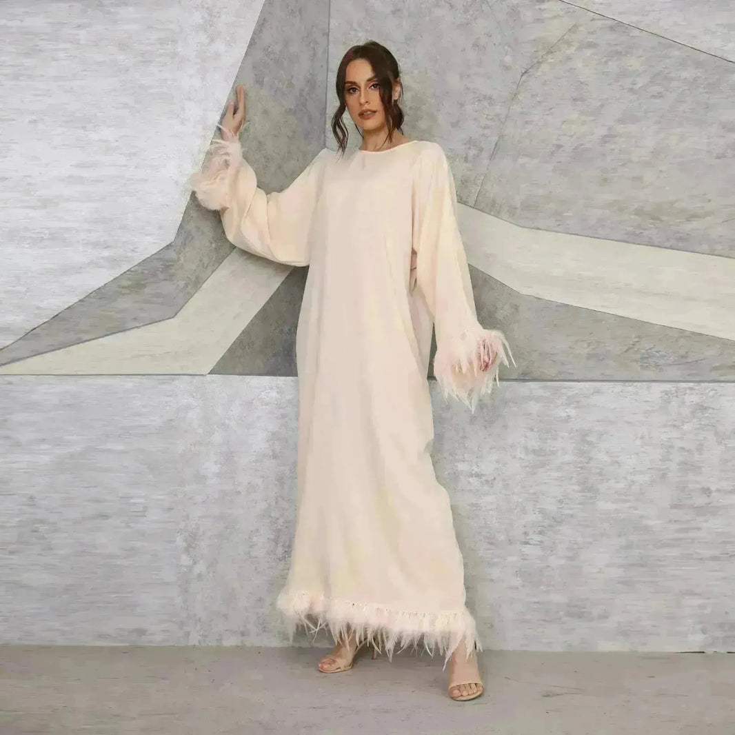 Feather Long Sleeve Medio Oriente Arabo Elegante abito a collo rotondo
