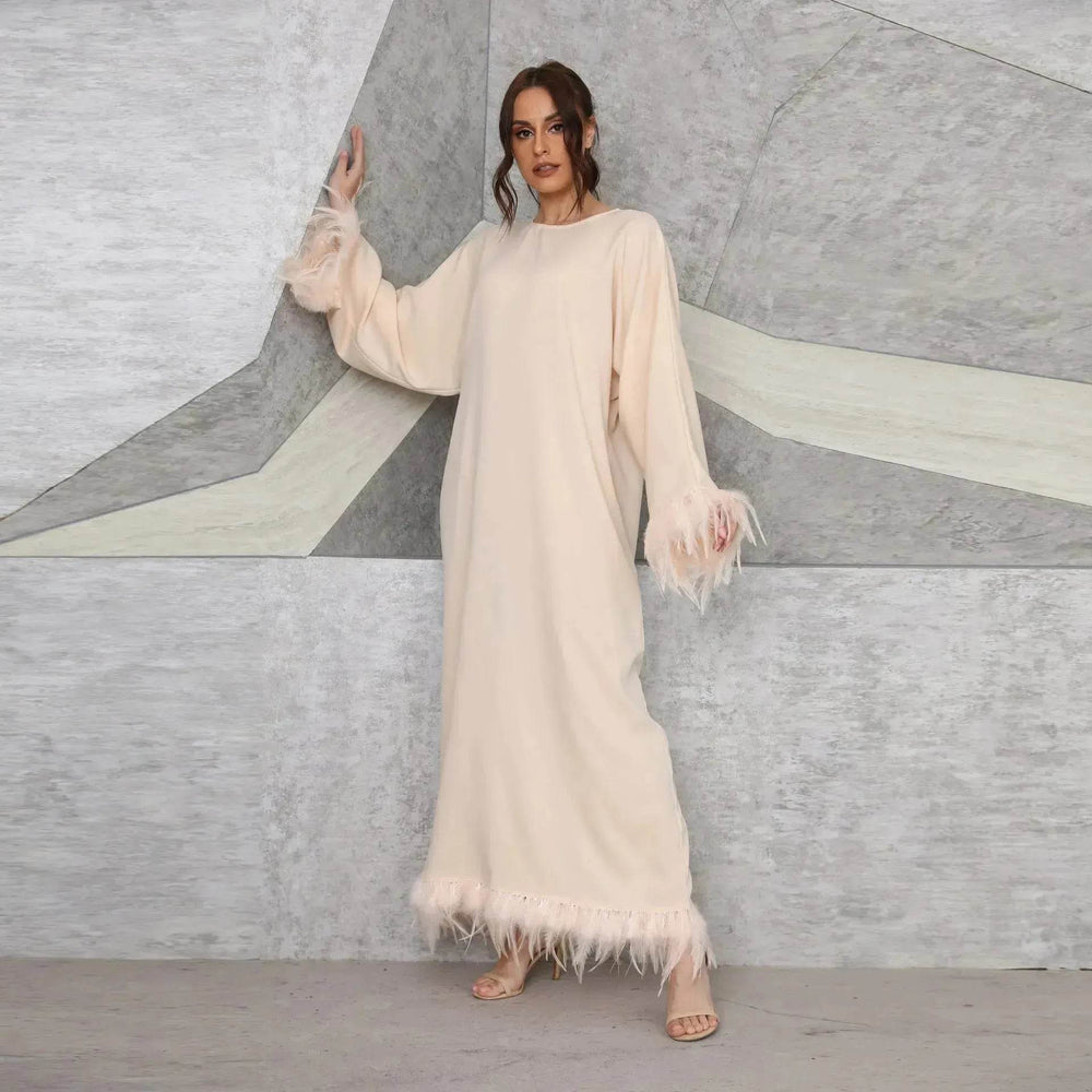 Feather Long Sleeve Middle East Arabic Elegant Round Neck Dress - EX-STOCK Canada