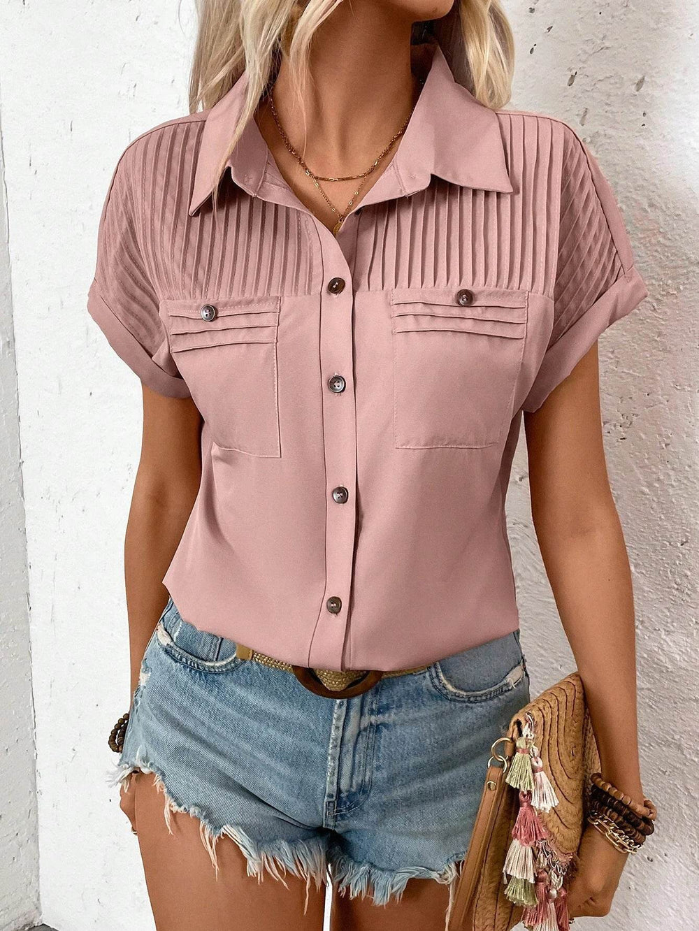 Lapel Shoulder Pleated Pocket Short Sleeve Top Shirt T-shirt Women - EX-STOCK Canada