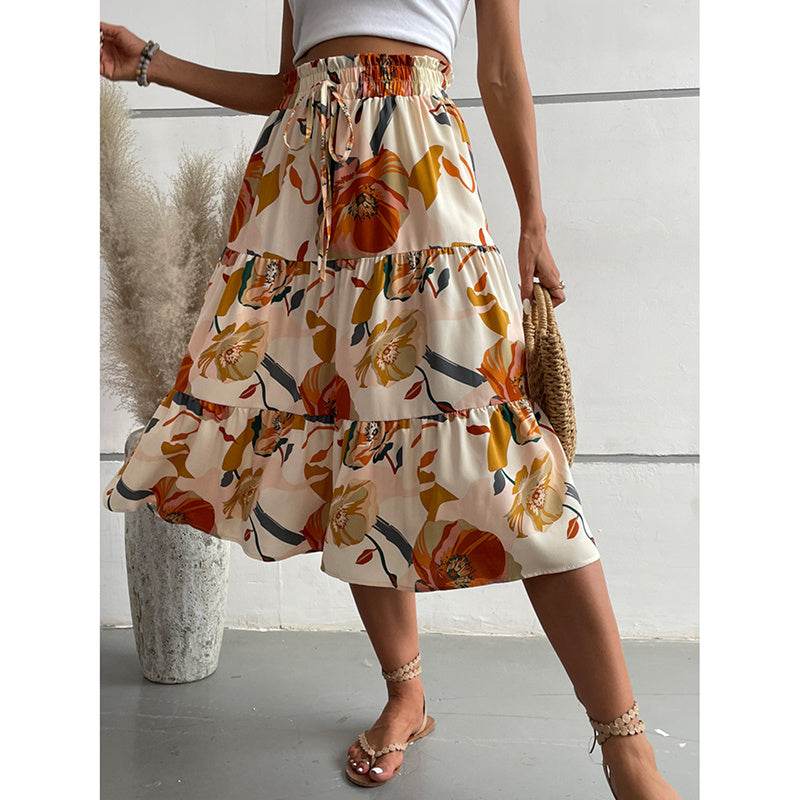 Women's Floral Tiered Midi Skirt Elastic Waist Dressy Casual A-line Flowy Boho Skirts - EX-STOCK Canada