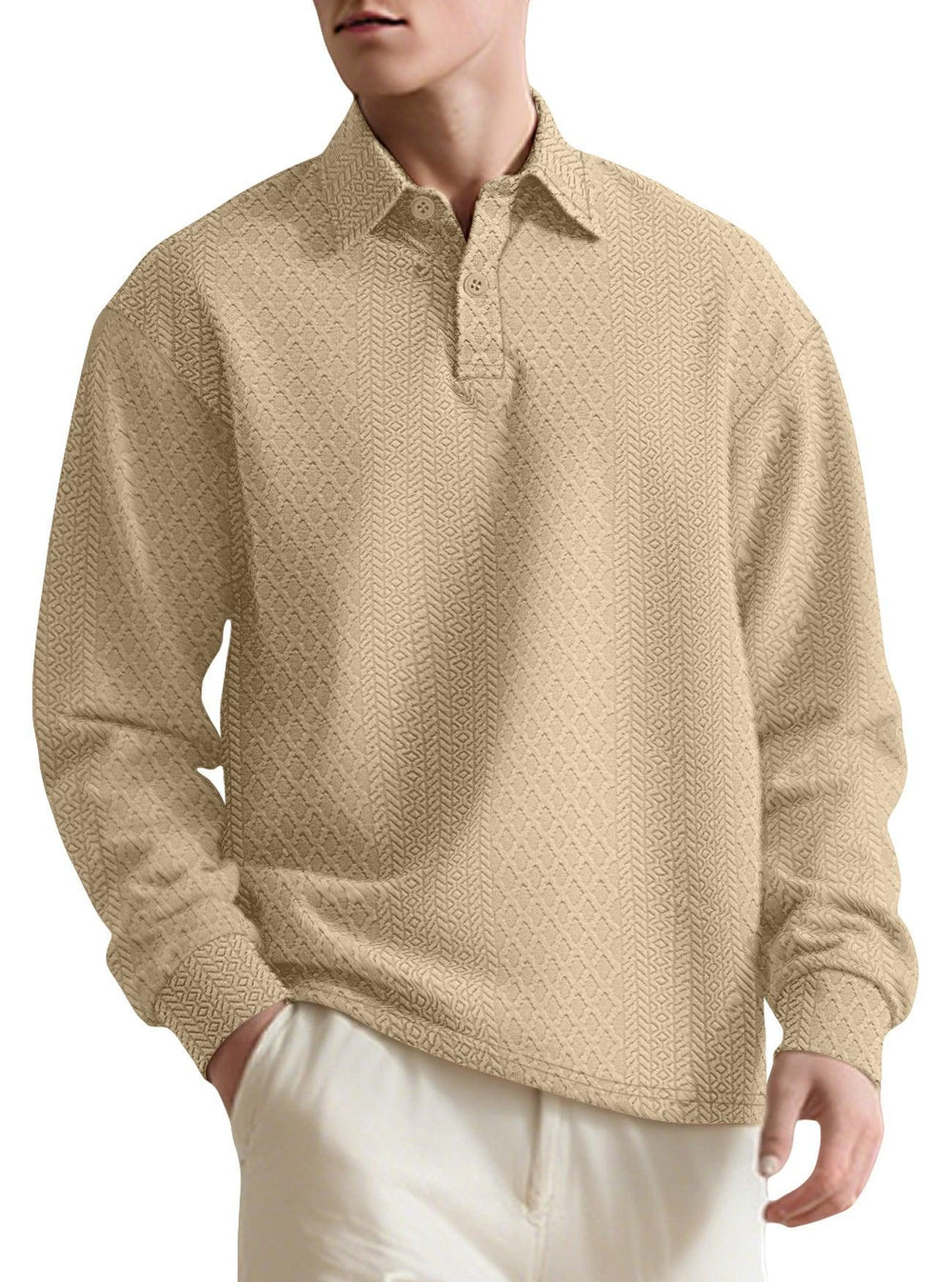 Texture Jacquard Solid Color Men's Long-sleeved Polo Shirt Lapel Loose Sweater EX-STOCK Canada