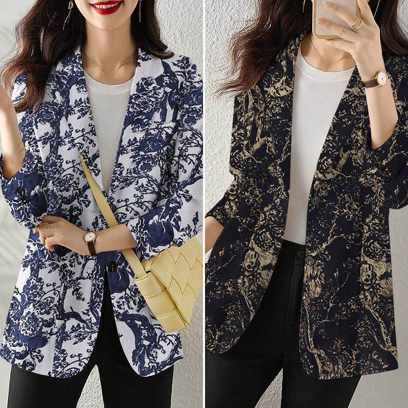 Women's Button Printed Long-sleeved Pocket Vintage Cotton And Linen jacket Blazer - EX-STOCK Canada