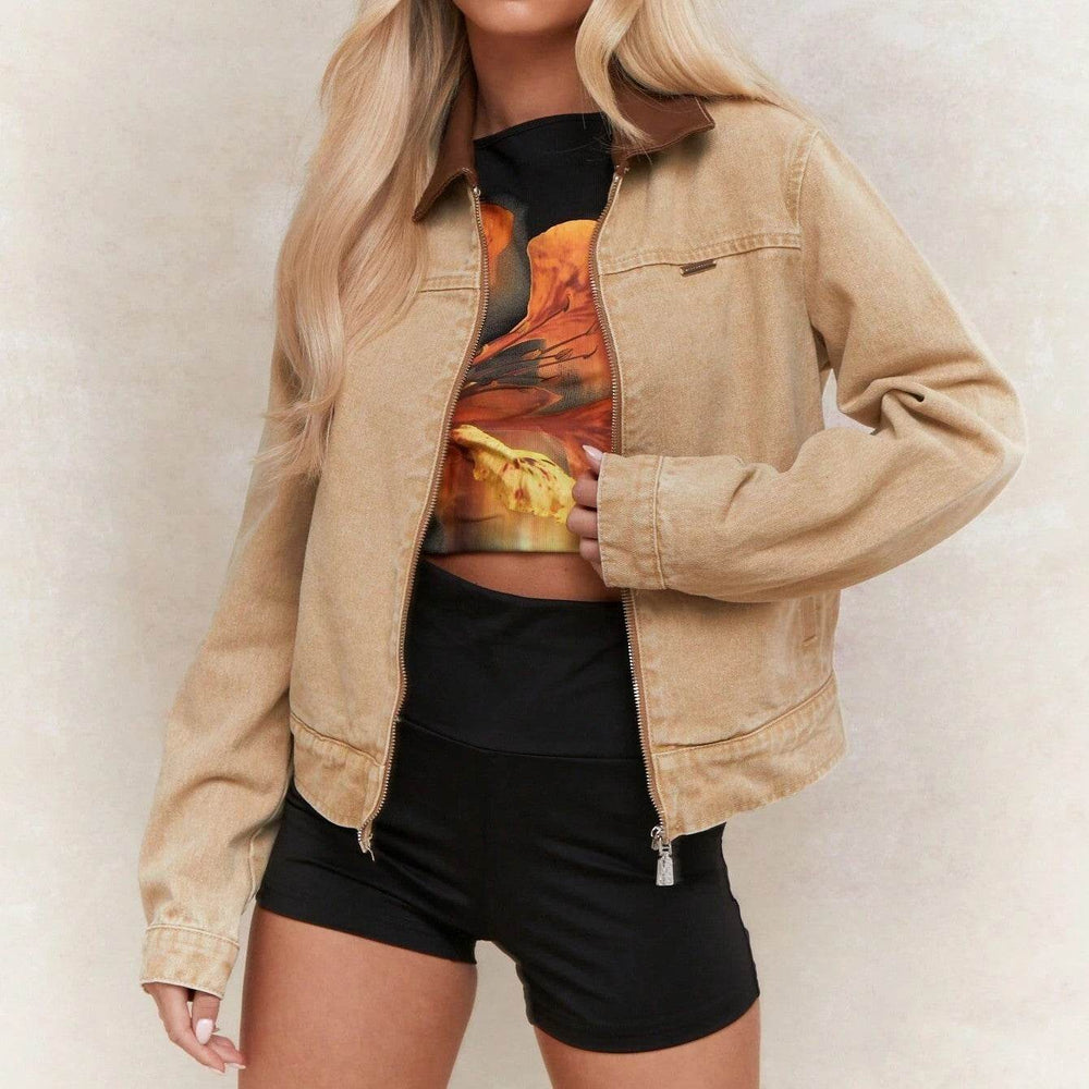 Color Blocking Collar Zipper Denim Jacket For Women EX-STOCK Canada