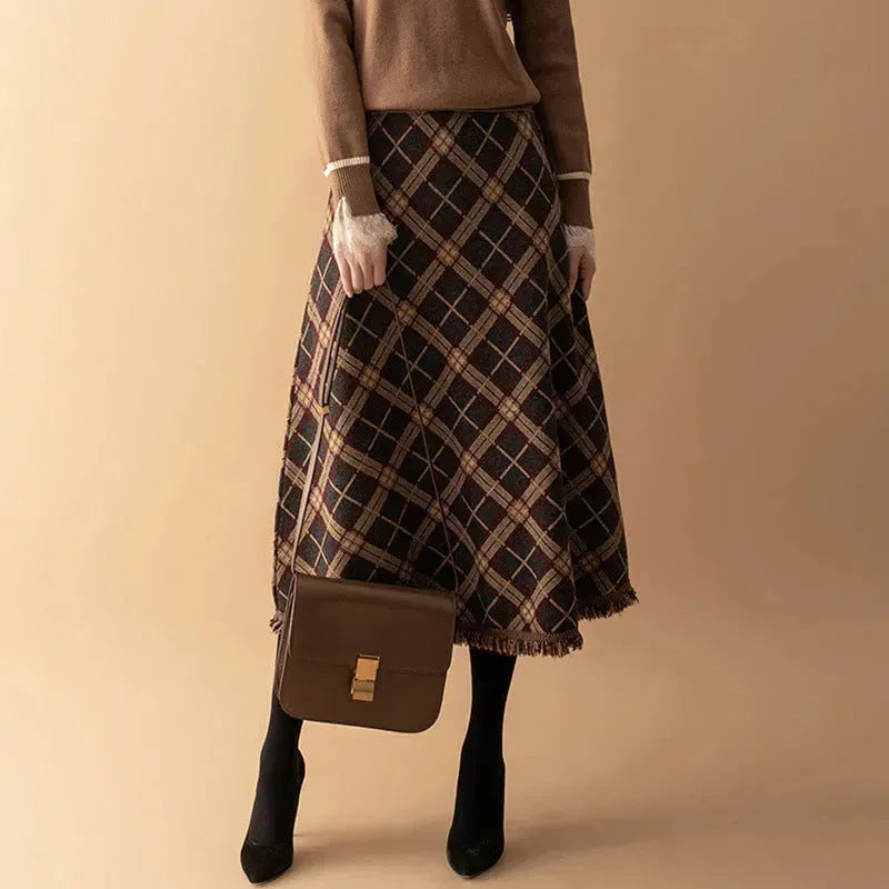 Women Plaid Big Hem Wool Midi Skirt - EX-STOCK CANADA