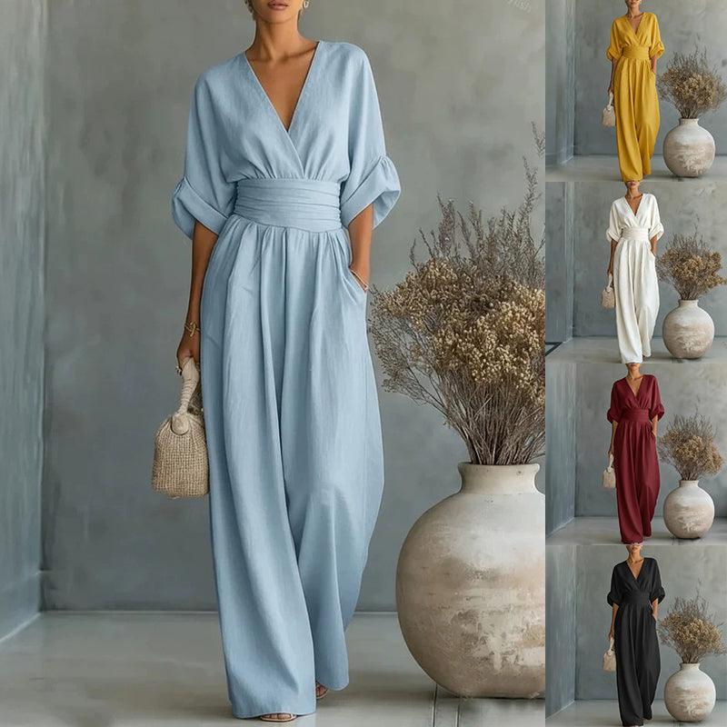 Women's wide-leg jumpsuit in dark brown, high waist pleated elegant workwear