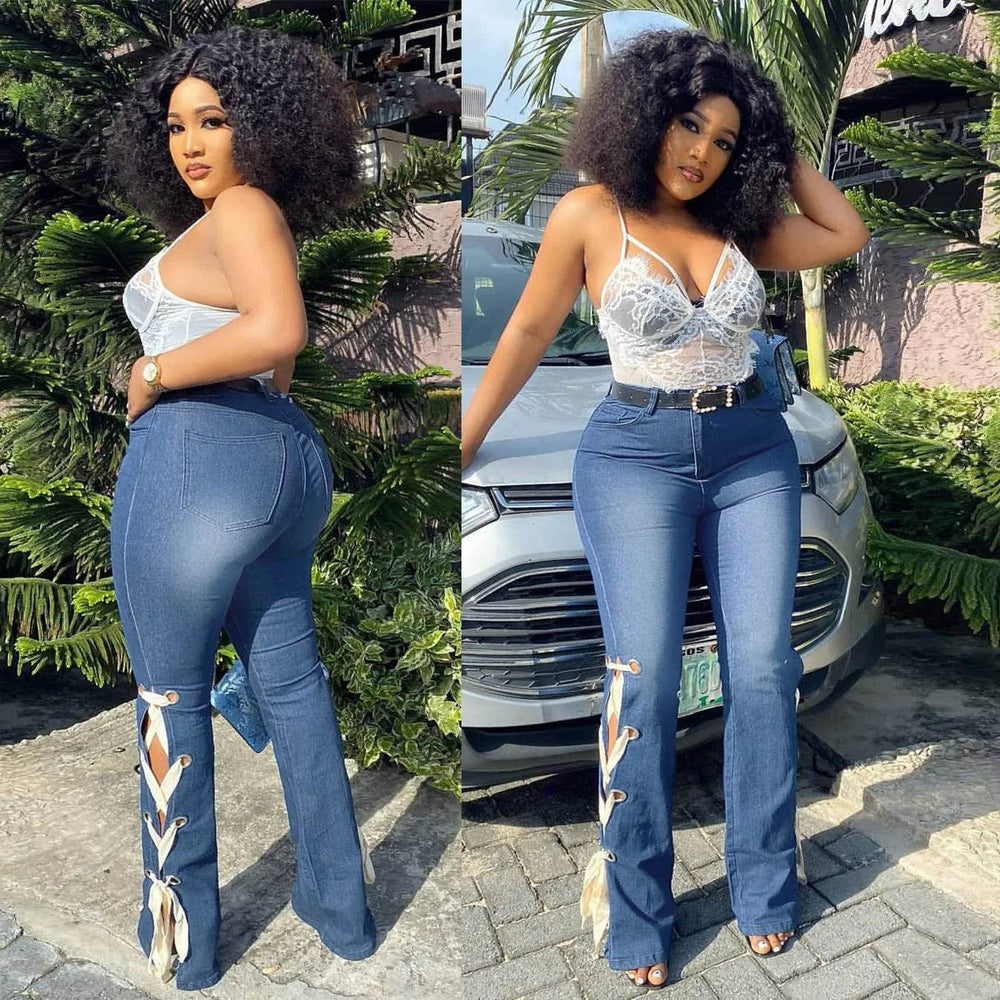 Solid Color Jeans Lace Up Bootcut Trousers - EX-STOCK Canada