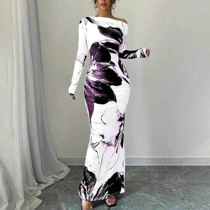 Elegant Long Sleeve Off-Shoulder Tie-Dye Floral Bodycon Dress Stretchy Season Party & Casual Dress - EX-STOCK Canada