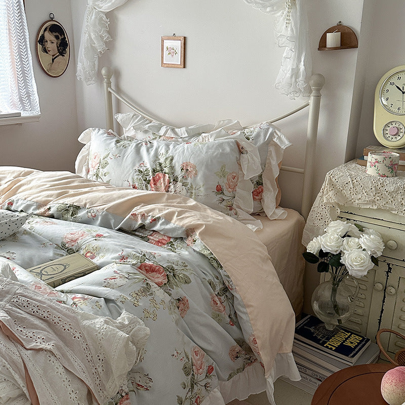 Princess Style Ruffled Pure Cotton French Floral Minimalist Bed Sheet Duvet Cover Bedding EX-STOCK Canada