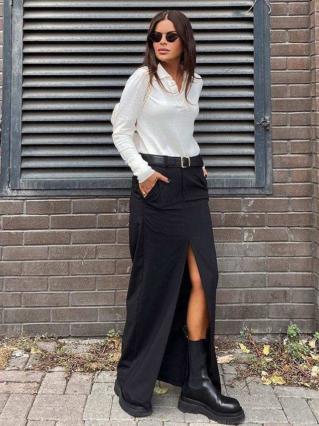 Women's Retro Casual Black High Waist Long front Split Skirt - EX-STOCK Canada