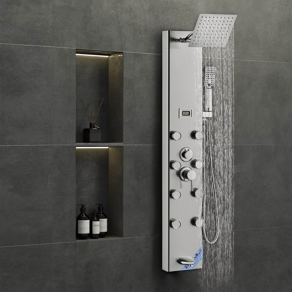 Shower Panel System, 5 Shower Modes, Digital Display Shower Panel Tower, Rainfall, 8 Massage Jets, Tub Spout, 3-Setting Handheld Shower Head 59 Hose, Stainless Steel Wall-Mounted Shower Set - EX-STOCK Canada