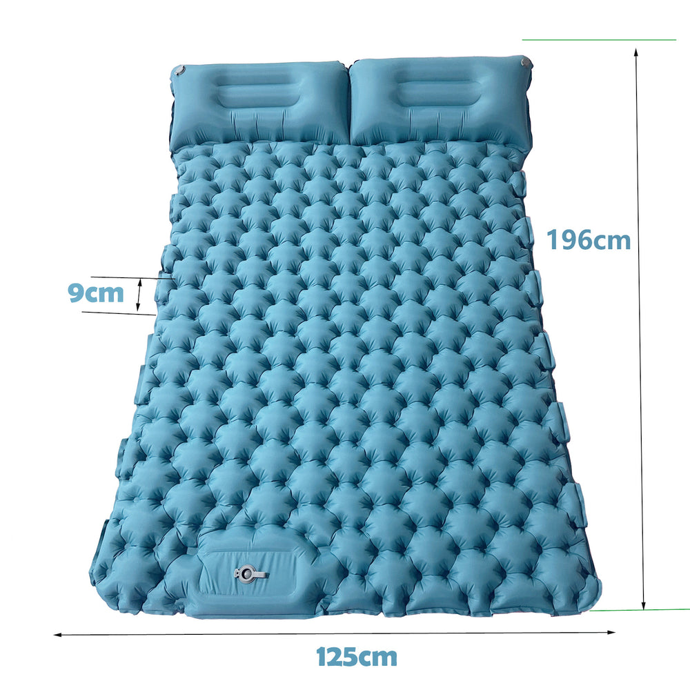 Blue inflatable mattress with dimensions on a white background