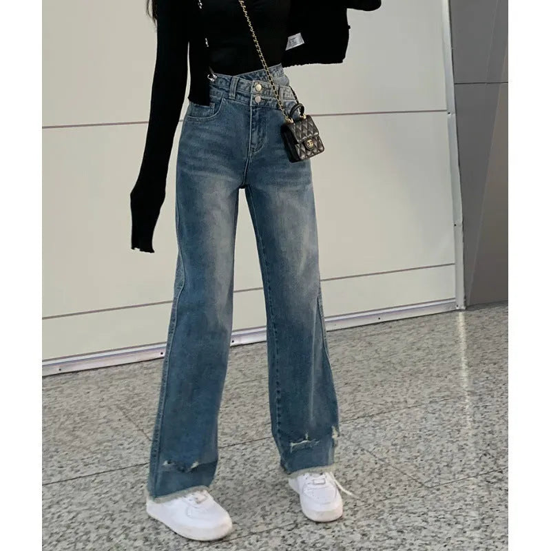Femmes hautes et jeans bleus lavés pantalons larges de jambe large pantalon