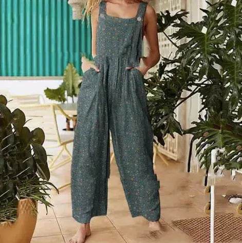 Casual Summer Cotton Floral Sleeveless loose Jumpsuit - EX-STOCK Canada