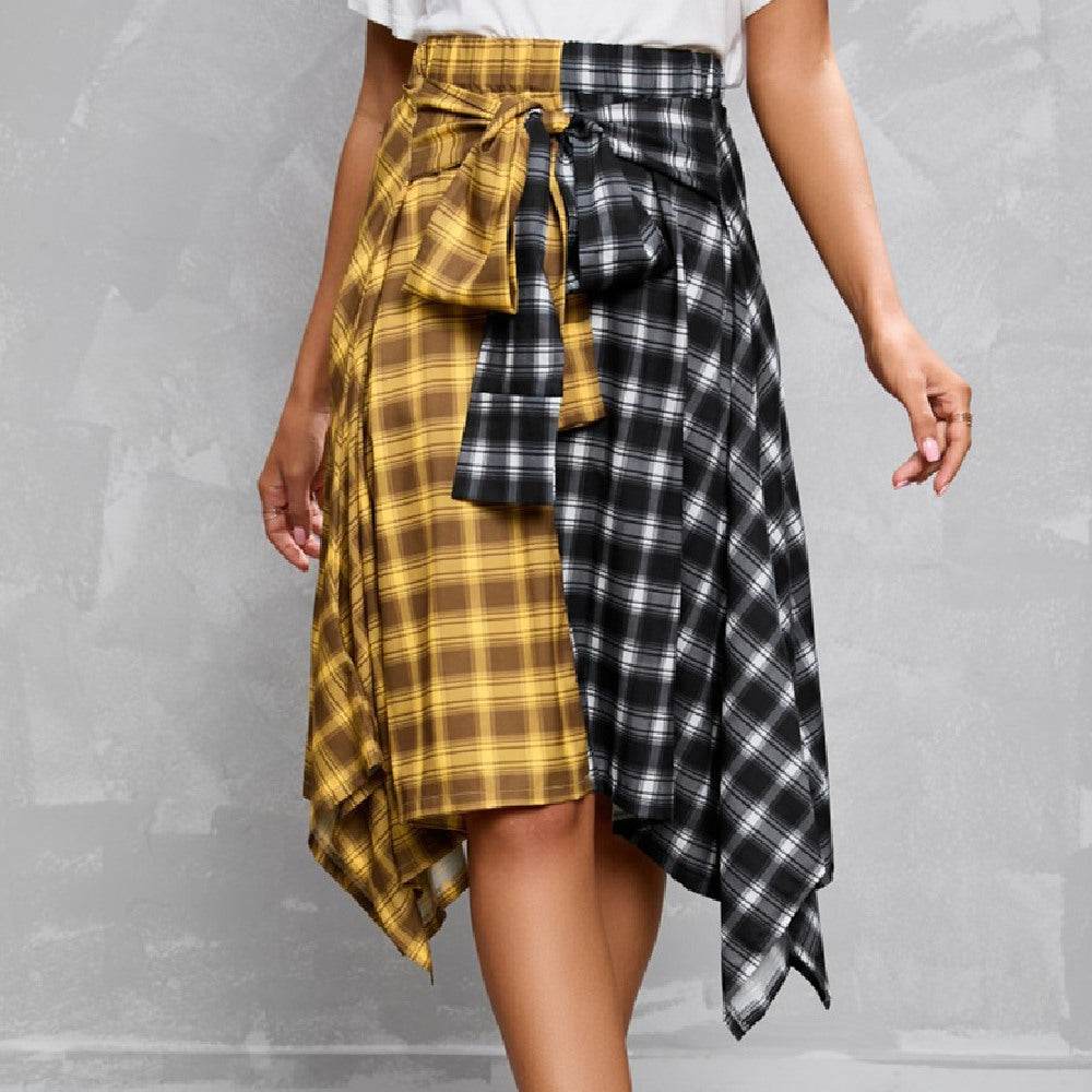 Elegant Irregular Lace-Up Check Midi Skirt street wear fashion Women's Plaid Skirts High Waisted Knot Front Asymmetrical Hem Mini Skater Skirt - EX-STOCK Canada