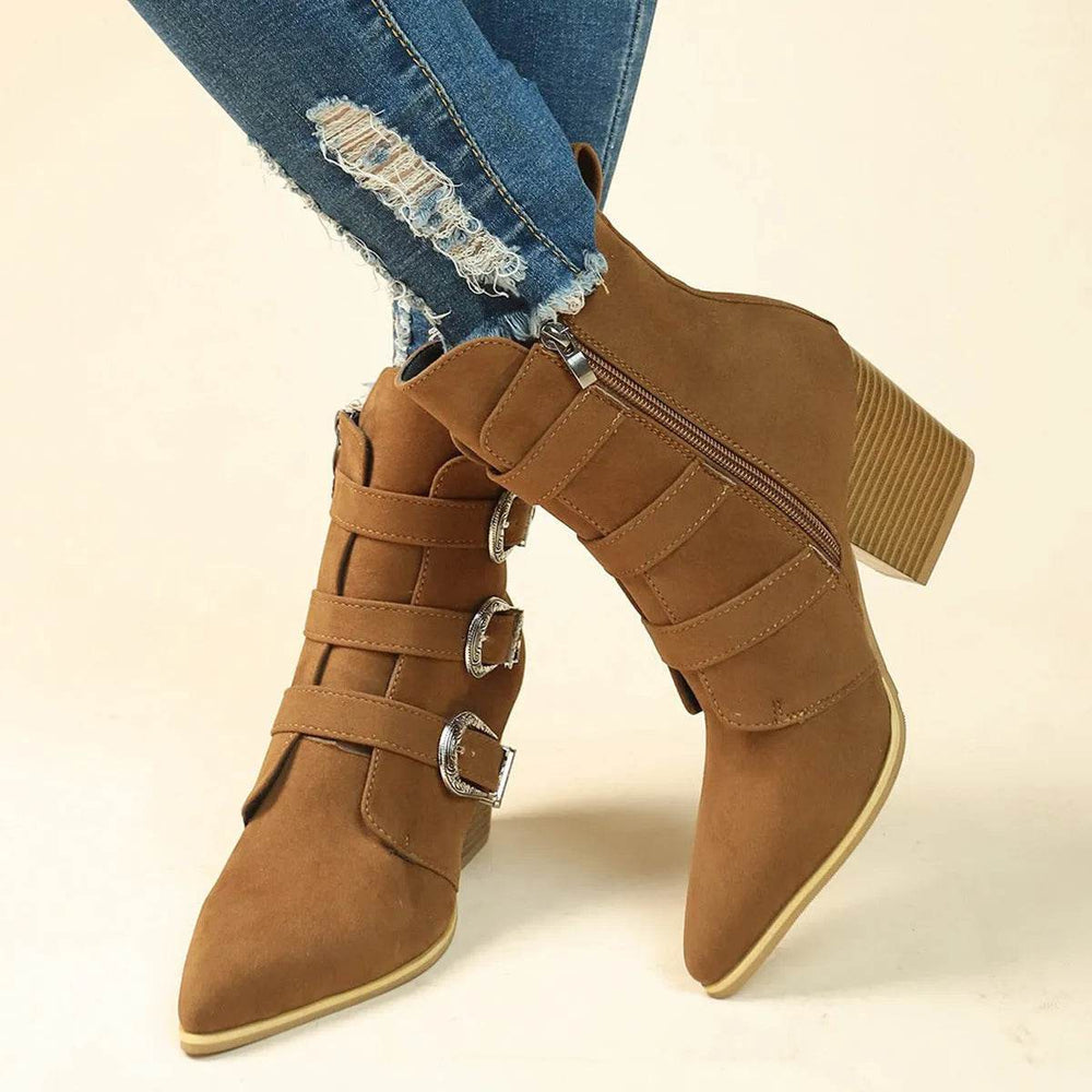 Chunky Heel Pointed Toe Boots With Belt Buckle Design Retro Mid-calf Boot Fashion Fall Winter Shoes For Women - EX-STOCK Canada