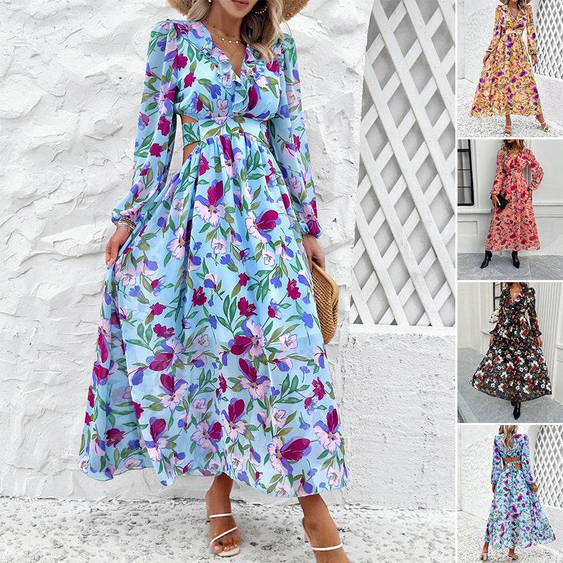 Women's V-Neck Ruffled Waist Hollow Casual Printed Dress (Color: Pink, Size: L)