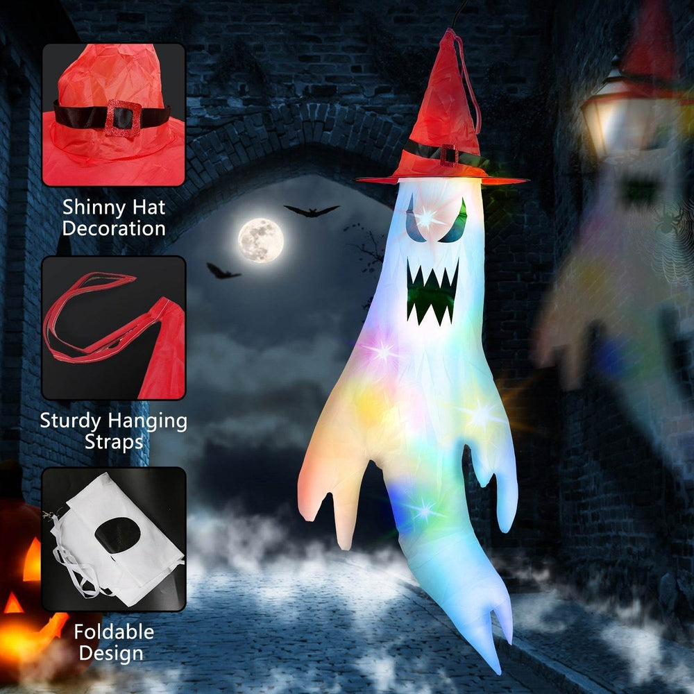 4Pcs Per Set Halloween Ghosts With Witch Hats Windsocks Hanging Decoration With Colorful LED Light Outdoor Flag Wind Socks Halloween Party Decoration For Yard Garden Tree - EX-STOCK Canada