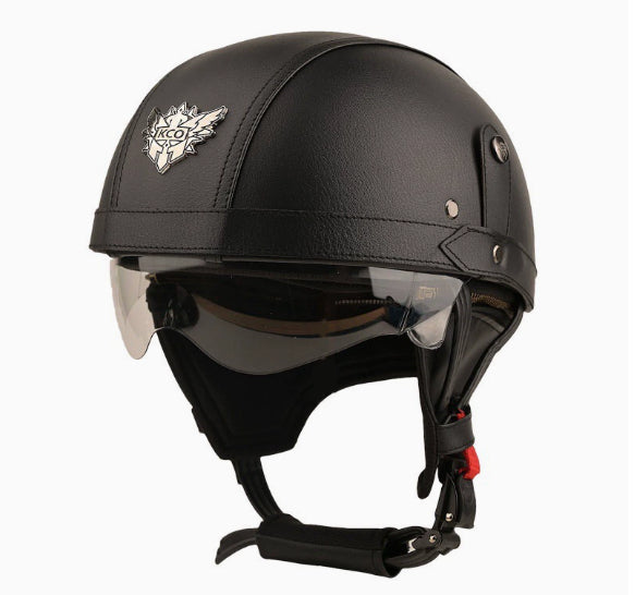 Retro Half-Face Leather Motorcycle Helmet – Black & Brown, S–XL