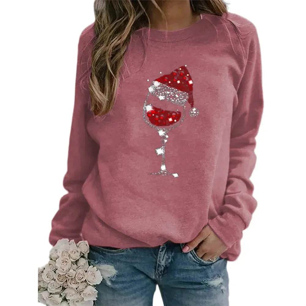 Clothing Christmas Women's Sweater Christmas Hat Red Wine Glass Graphic Print Crew Neck Long-sleeved Sweater - EX-STOCK Canada