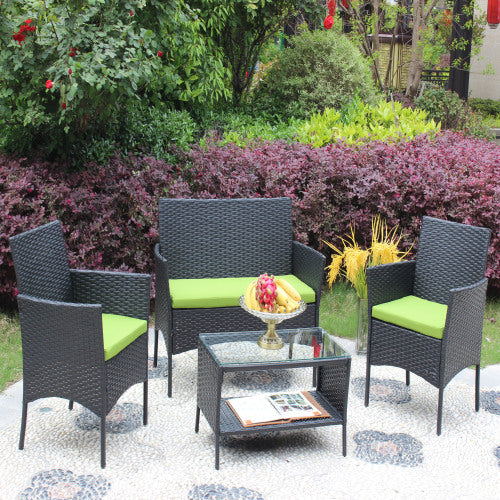4-tlg. Rattan-Gartenmöbel-Set mit gepolstertem Sitz Outdoor-Sofa aus Korbgeflecht mit grünem KissenEX-STOCK Canada