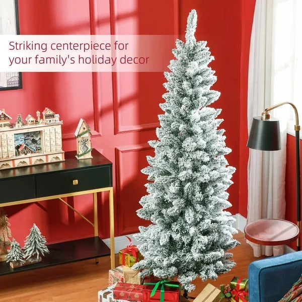 6ft Pencil Christmas Tree, Flocked Tree With 479 Branch Tips And Metal Base For Home, Indoor, Holiday EX-STOCK Canada