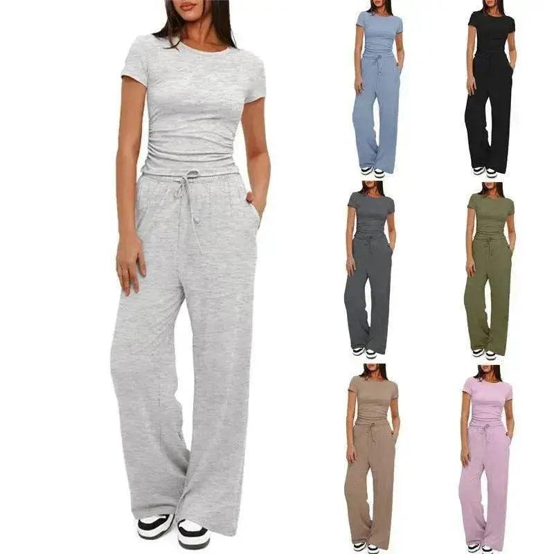 2-teiliges einfarbiges Freizeit-Sportanzug-Set mit kurzärmeligem Oberteil und hoch taillierter Hose mit Kordelzug und weitem Bein, Sommer-Mode-Set für Damenbekleidung - EX-STOCK Canada