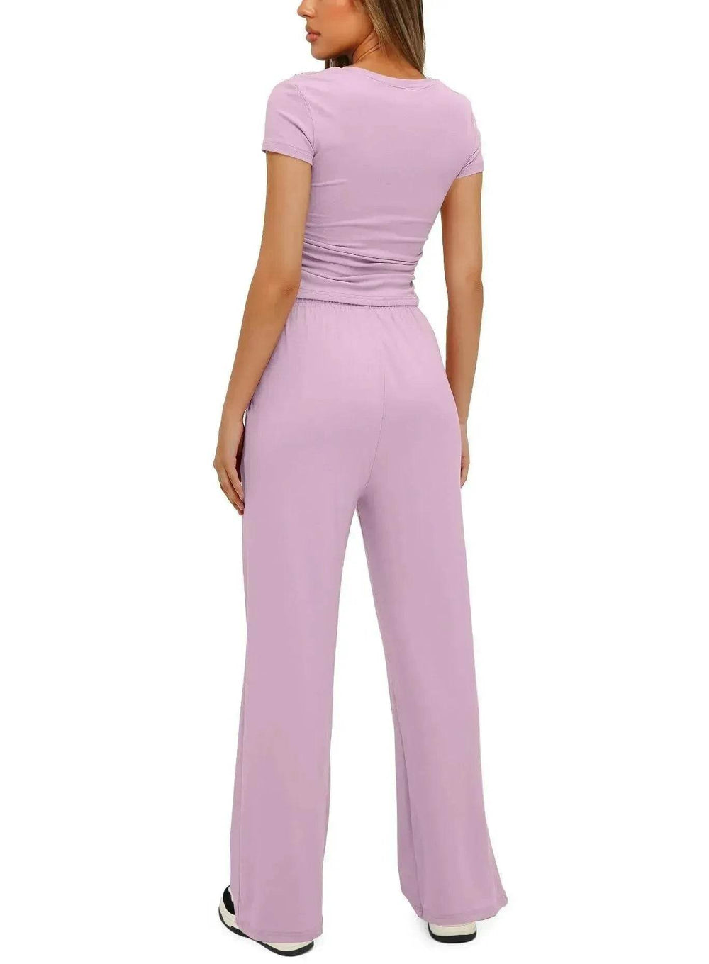 2pcs Solid Color Casual Sports Suit Short-sleeved Top And High-waisted Drawstring Wide-leg Pants Summer Fashion Set For Womens Clothing - EX-STOCK Canada