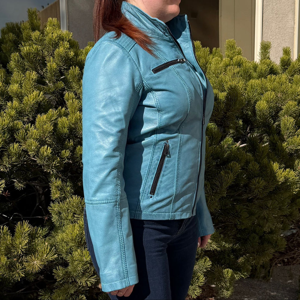 Women's Classic Lamb Leather Jacket. Round Collar with Studs, 4 Zippered Pockets & Shoulder Accent Stitching