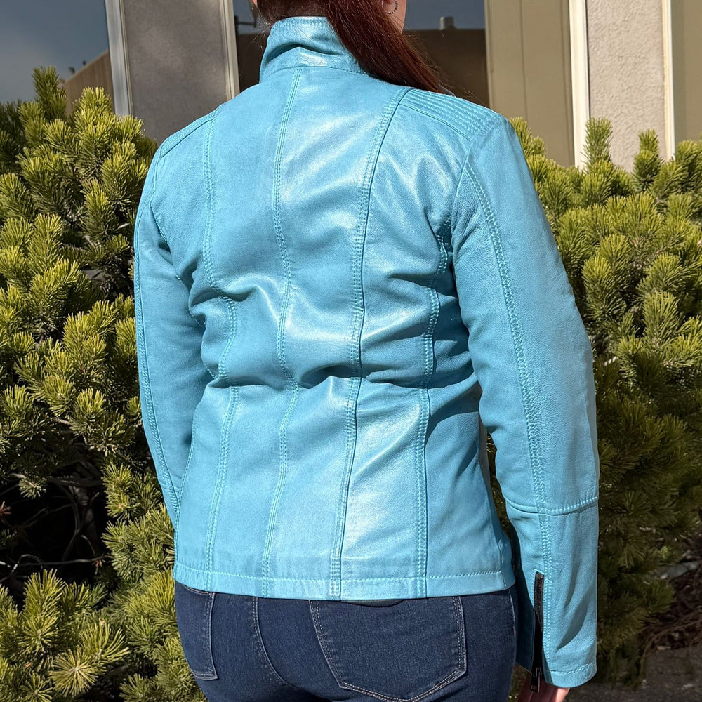 Women's Classic Lamb Leather Jacket. Round Collar with Studs, 4 Zippered Pockets & Shoulder Accent Stitching