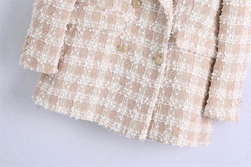 Elegant Luxury Lapel Long Sleeved Double Breasted Check tweed Blazer Women - EX-STOCK Canada