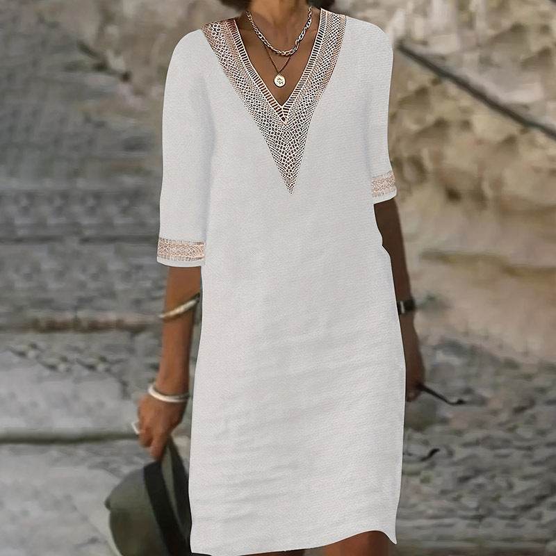 Women's Chic Guipure Lace V-Neck Tunic Dress Knee-Length, Hollow Detail,All-Season Dress - EX-STOCK Canada