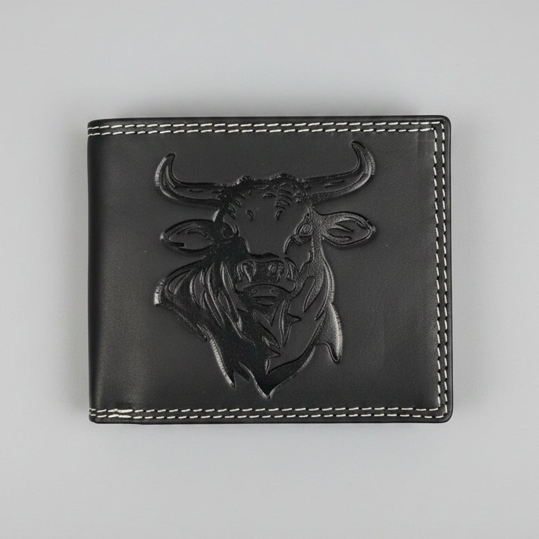 Cartera de cuero bifold para hombre con relieve de toro