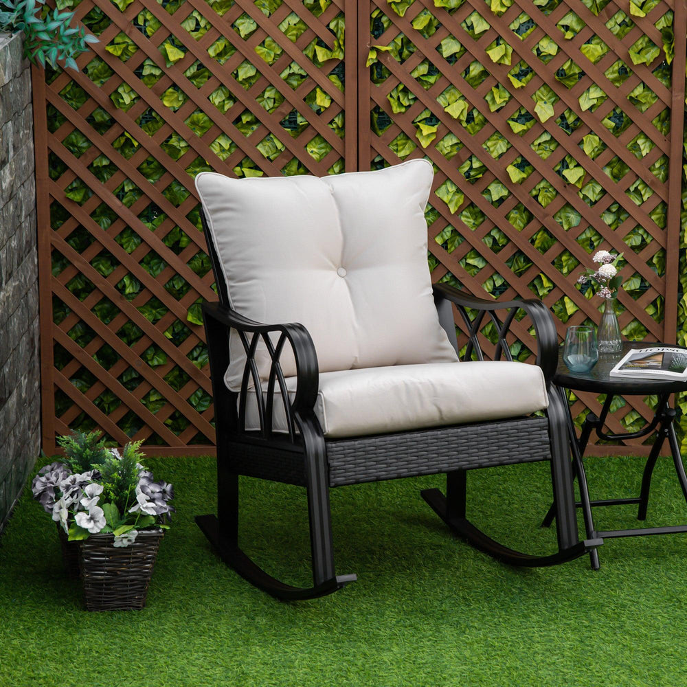 Silla mecedora de mimbre para exterior con cojines acolchados, silla mecedora de ratán de aluminio para porche con reposabrazos para jardín, patio y traspatio, caquiEX-STOCK Canada