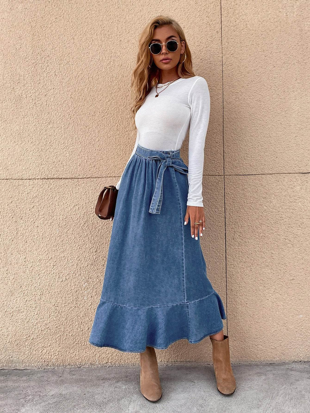 Ladies Fashion Casual Ruffled Blue Denim Maxi Skirt Women - EX-STOCK Canada