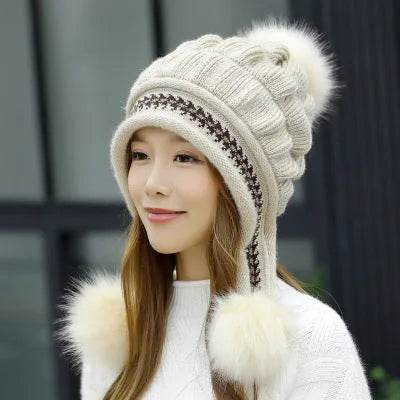 Women Cozy Knit Fleece-Feel Beanie With Ear Flaps Winter Hat Perfect For Skiing & Outdoor Activities - EX-STOCK Canada