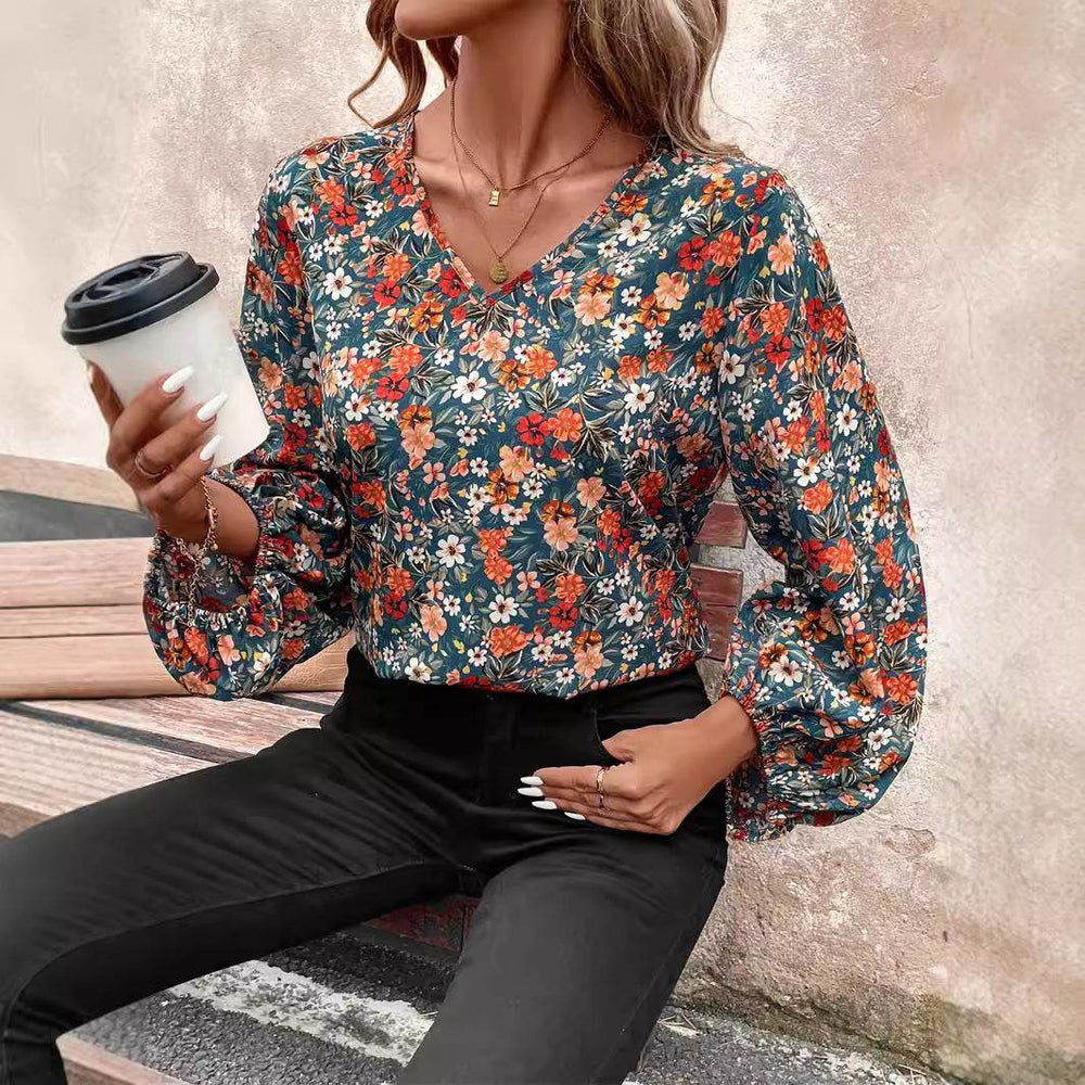 Women's V-neck Lantern Long Sleeve Shirt Autumn casual blouse top - EX-STOCK Canada