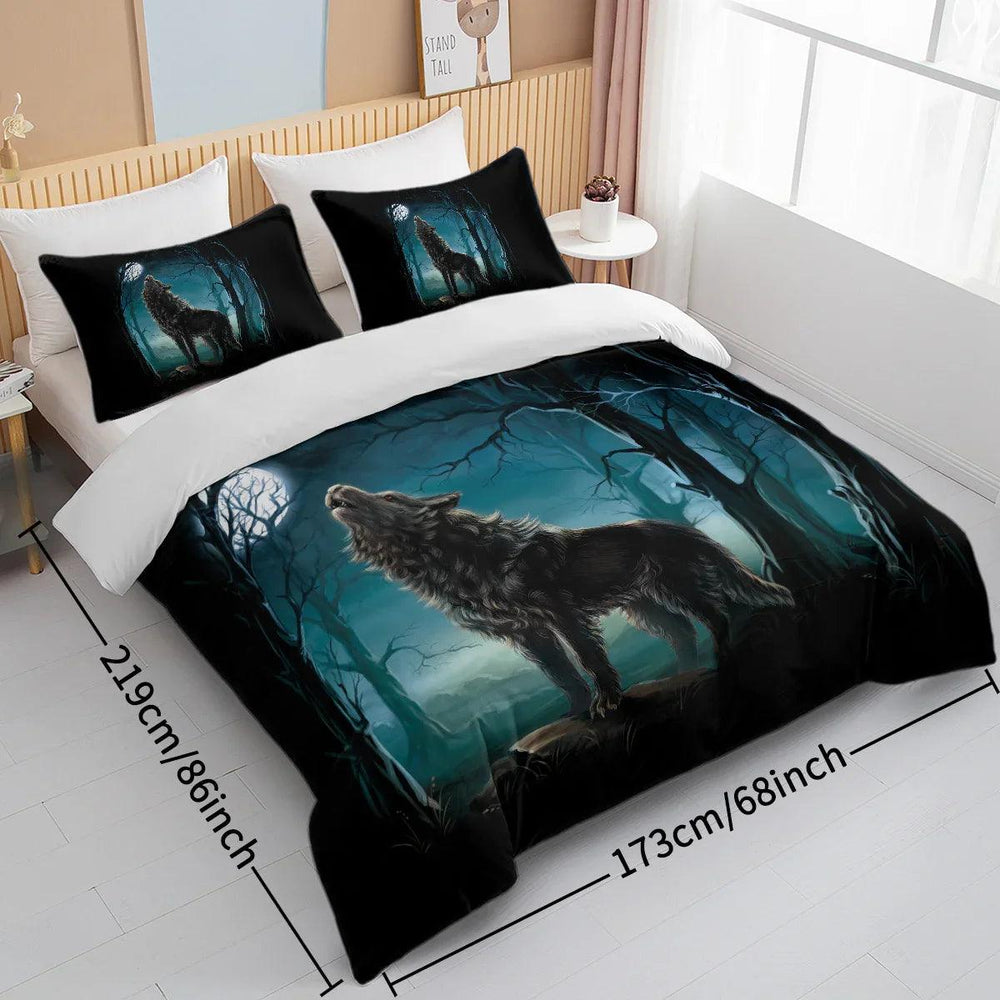 Linge de lit Moon Wolf Vert Aquarelle Forêt Paysage Loup Housse de Couette Ensemble 3 Pièces Ensemble de literie Animaux Sauvages Taille Simple Double Queen KingEX-STOCK Canada