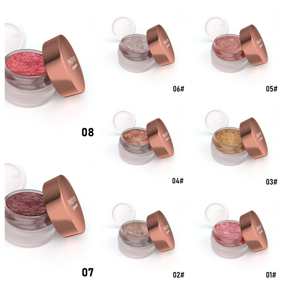 Collection of cosmetic jars with glittery contents on a white background