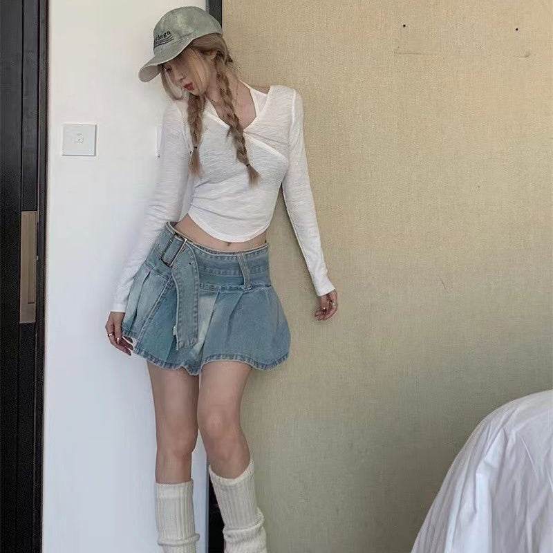 High Waist Slimming Denim Pleated Mini Skirt - EX-STOCK Canada