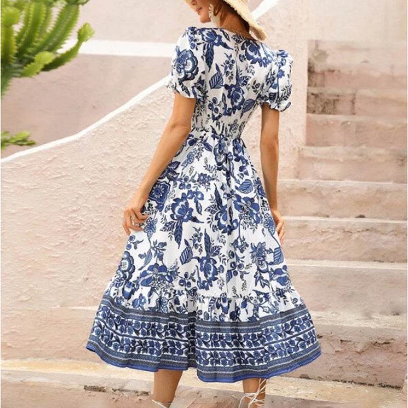 Puff Sleeve dress V Neck Blue Floral Bohemian Midi Dress - EX-STOCK Canada