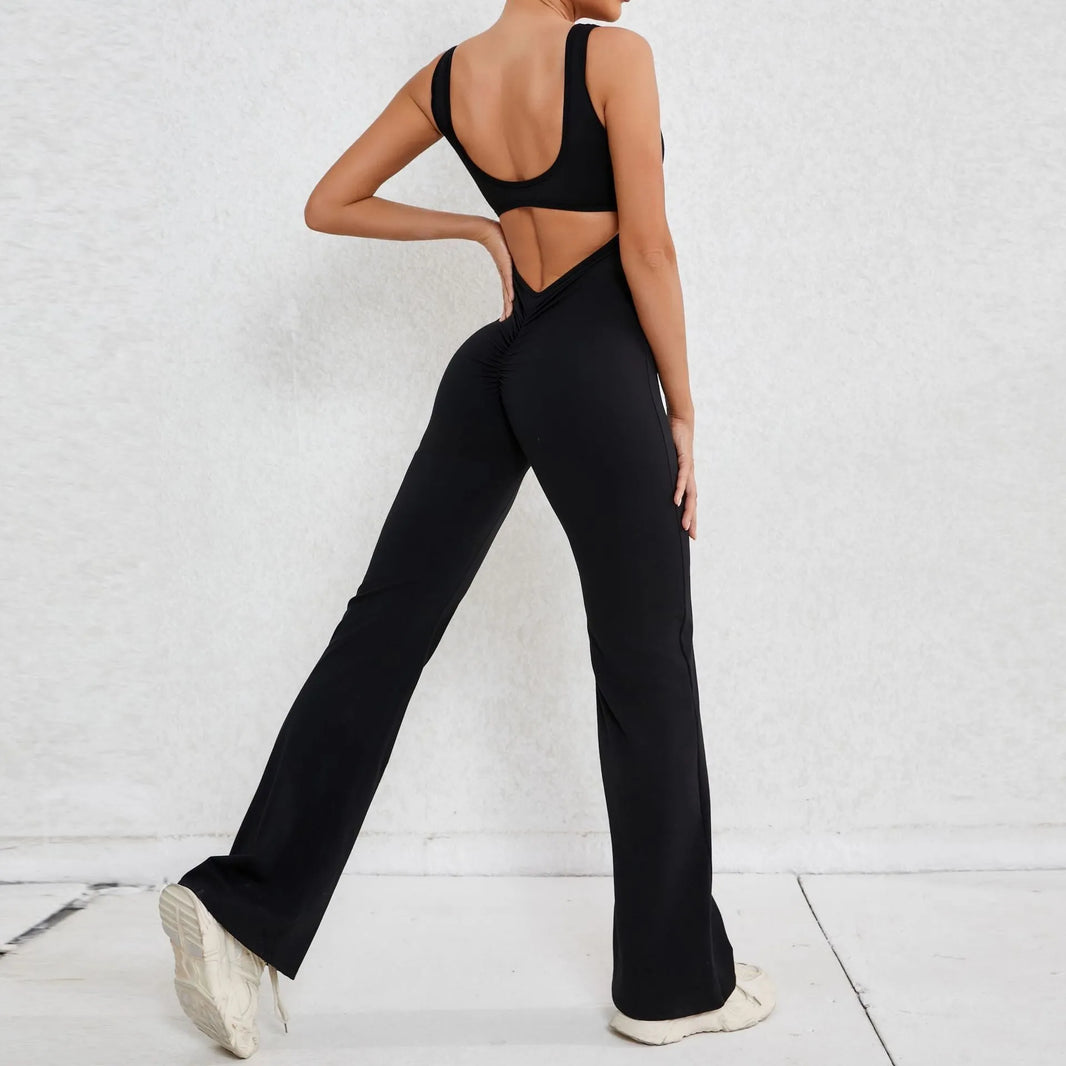 Hollow Back Workout Jumpsuit Sports Athleisure Yoga Wide Leg Jumpsuit - EX-STOCK CANADA