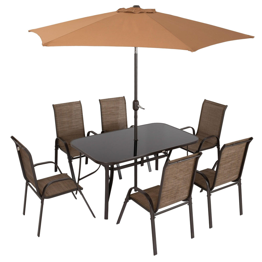 8 Pieces Patio Furniture Set with 9Ft Patio Umbrella, Outdoor Dining Table and Chairs, Light Mixed Brown EX-STOCK Canada