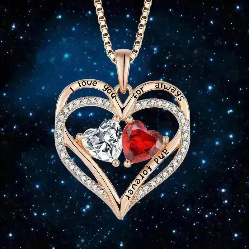 S925 Collier Silver Double Love With Ringestones Collier en forme de coeur Collier de la Saint-Valentin