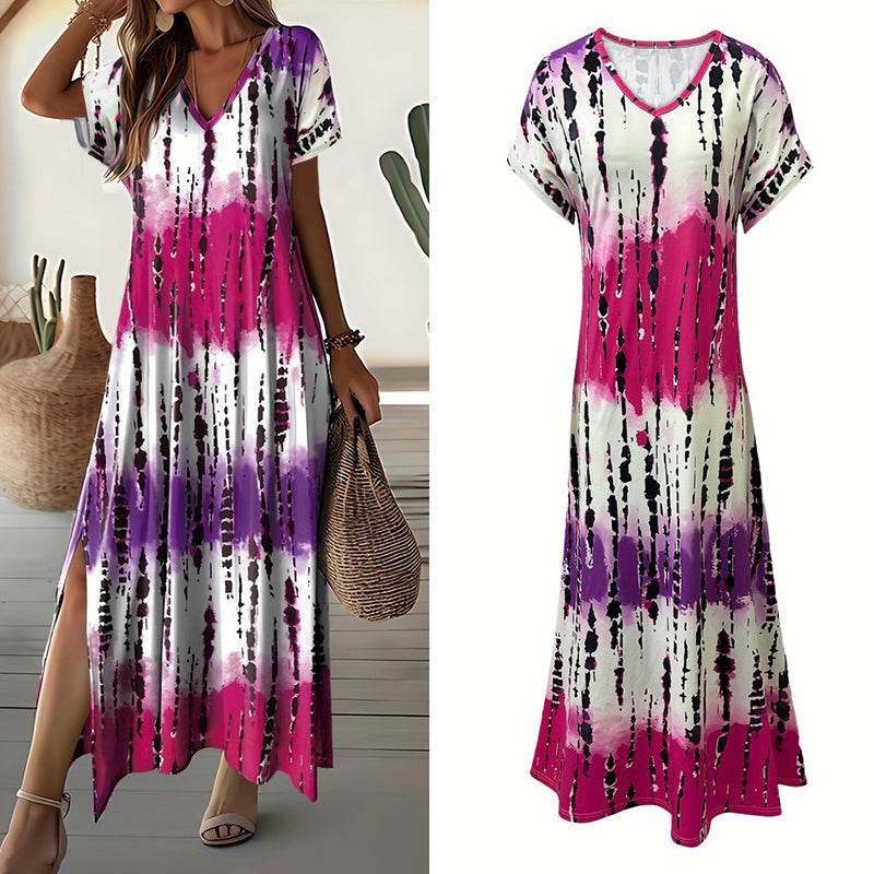 Women's Summer Tie Dye Maxi Dress Short Sleeve V Neck Casual Loose Long Split Dresses - EX-STOCK Canada