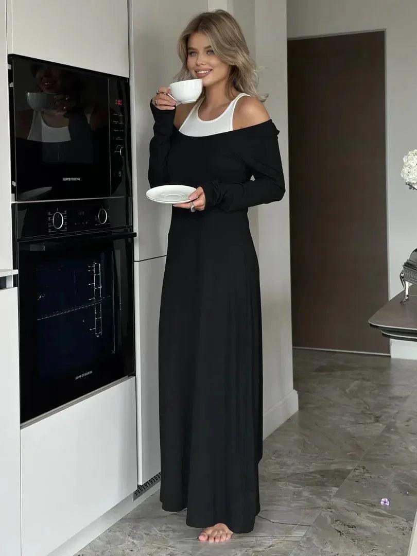 Nuovo vestito temperamentale a maniche lunghe con cuciture, finto due pezzi e giletEX-STOCK Canada