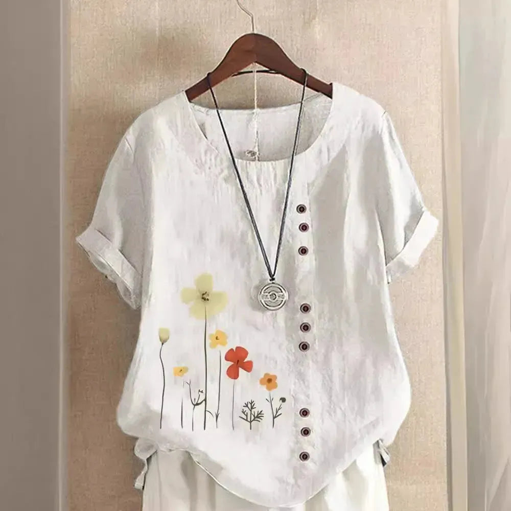 Casual Summer Beach Cotton And Linen Printed Elegant Short Sleeve blouse Top Women - EX-STOCK CANADA